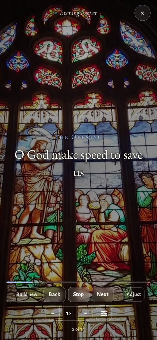 A guided meditation over stained glass, showing one line of prayer